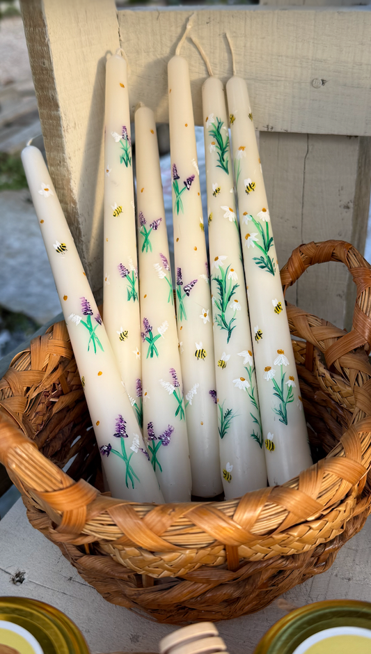 Hand painted Candle Lavender and Bees