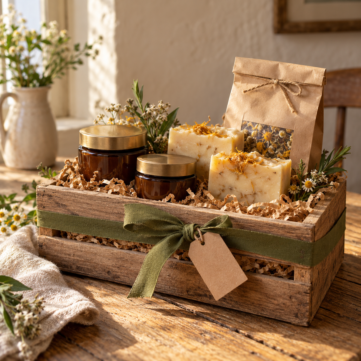 Rustic wooden gift crate with botanical skincare and soap