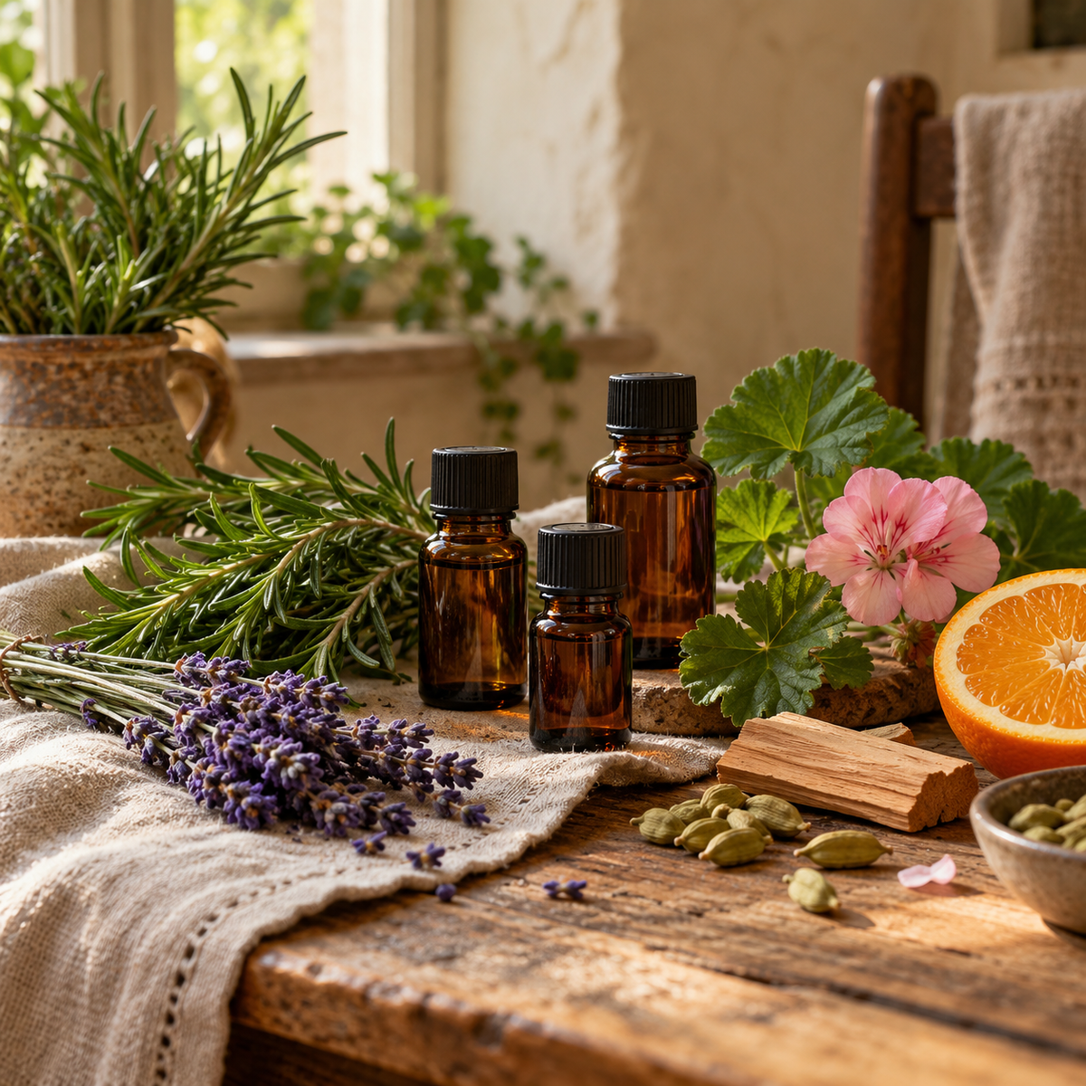 Botanical oils, herbs and citrus on a cottage table