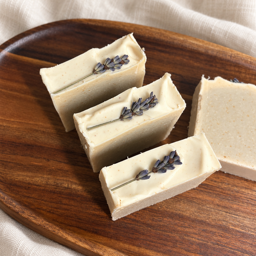 Lavender Meadow soap bars viewed from above, showing dried lavender tops