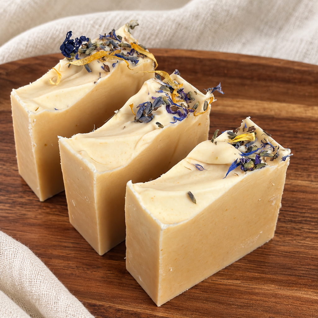 Midnight Garden honey and beeswax soap bars on a wooden tray with blue, purple and golden botanical tops