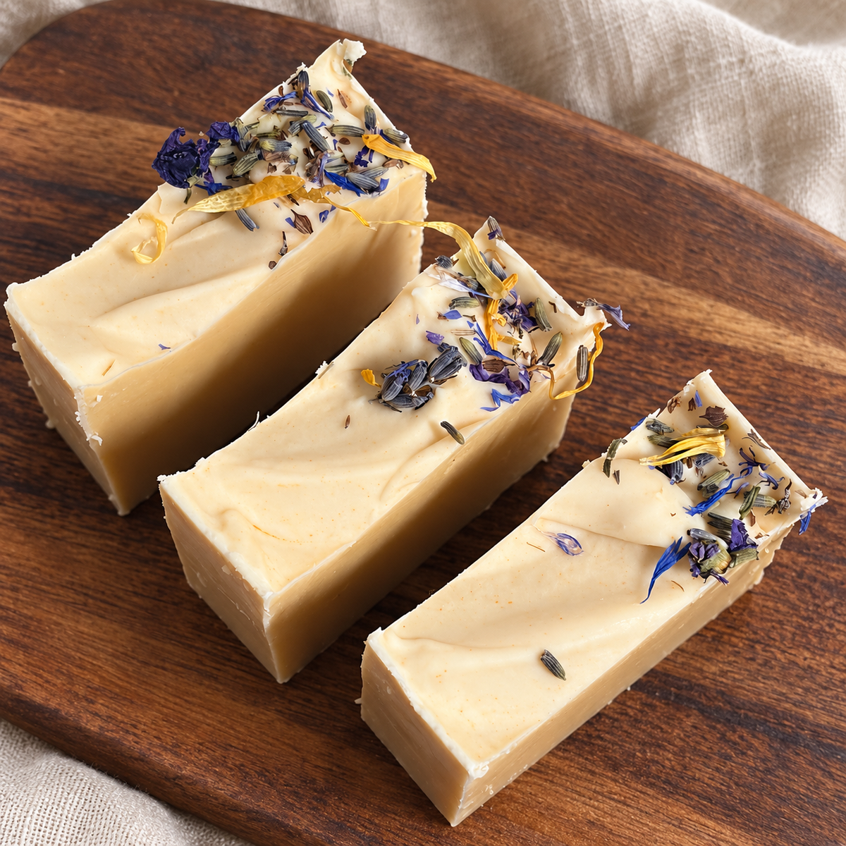 Midnight Garden honey and beeswax soap bars on a wooden tray with blue, purple and golden botanical tops