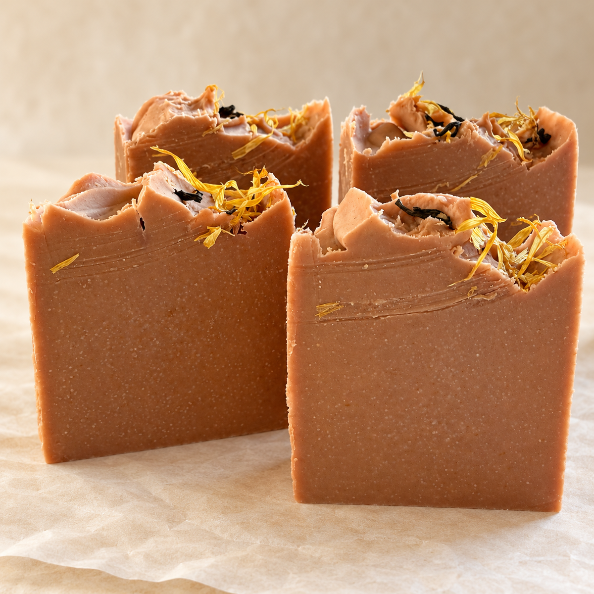 The Orangery honey and beeswax soap bars with peach tones and yellow petals